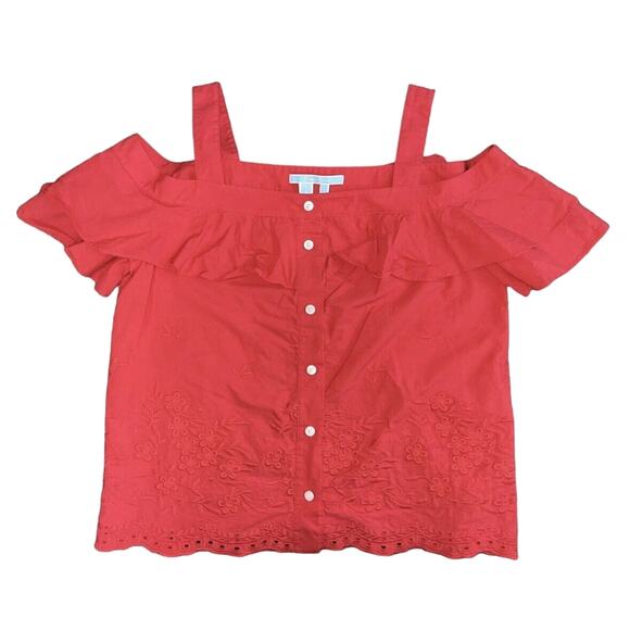 Draper James Cold Shoulder Blouse Size 4 Red Ruffles Embroidered Eyelet Trim EUC - Picture 1 of 5